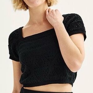 NWT Freshman Black Crochet Flutter Sleeve Crop Top  | Juniors X-Large